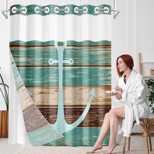Nesphy No Hook Anchor Wooden Board Shower Curtain Set 1