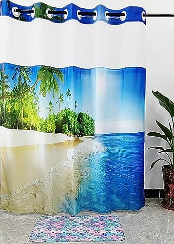 Mimihome No Hook Shower Curtain with Snap Liner Ocean Blue 71x74 Inches