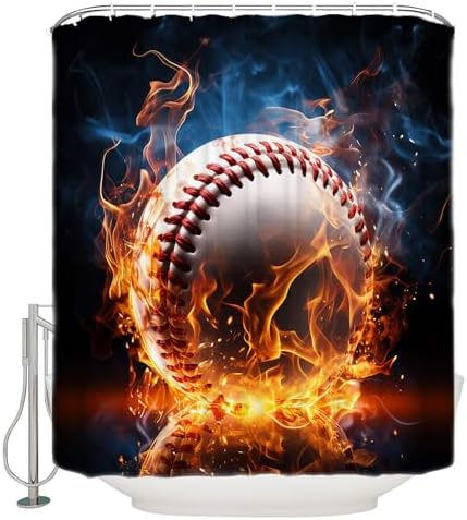 ZOE GARDEN Baseball Shower Curtain Set with Hooks 72x78