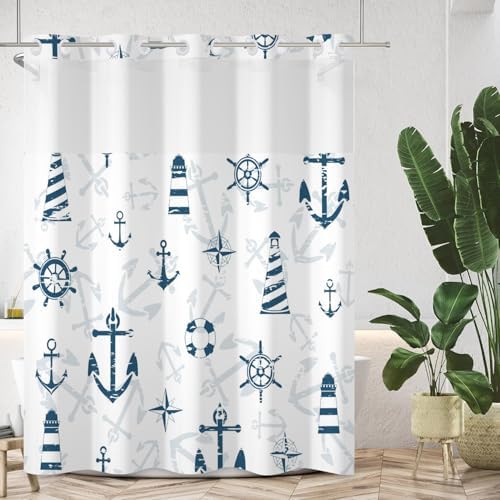 Nautical Shower Curtain Set with Snap Liner and No Hooks