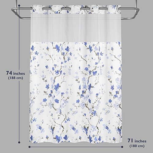 Lagute SnapHook Hook Free Shower Curtain with Liner and Mesh Window Blue Blossom
