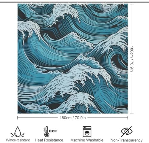 Blue Wave Shower Curtain with 12 Hooks 72x72in