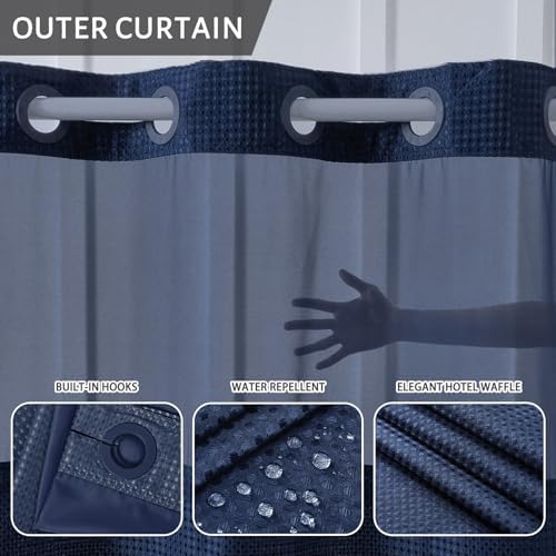 Furlinic No Hook Waffle Shower Curtain Set Navy Blue 36x72 Inch