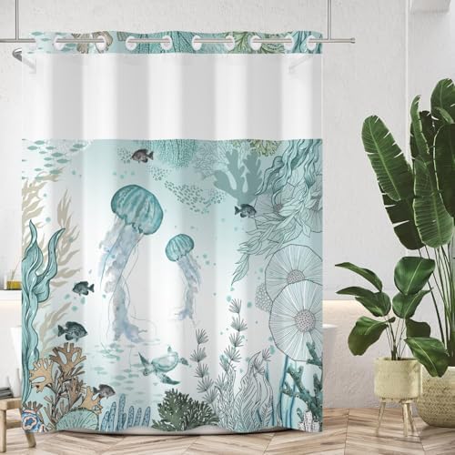 No Hook Jellyfish Shower Curtain Set with Snap-in Liner and Double Layer