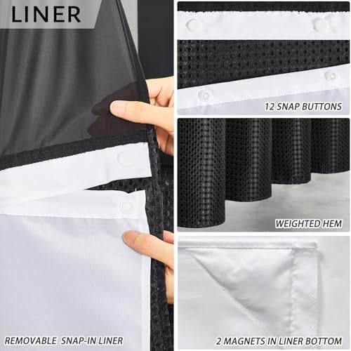 Furlinic No Hook Shower Curtain with Detachable Liner Black 71x78 Inch