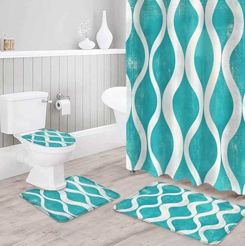 ZOE GARDEN Aqua White Wave Bathroom Set with Mat and Hooks