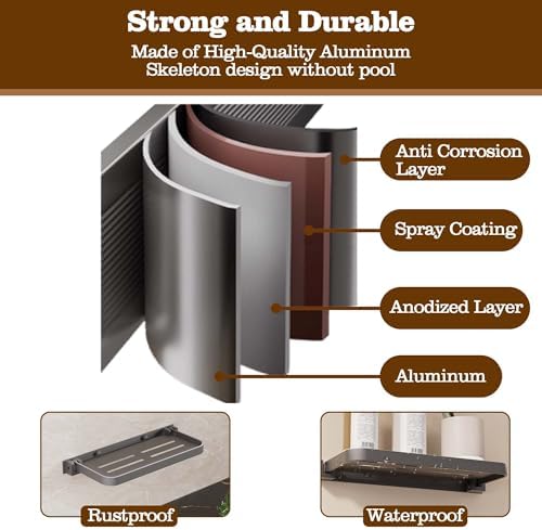 2 Pack Folding Wall Shelf for Bathroom Waterproof Aluminum 12 Inch Grey