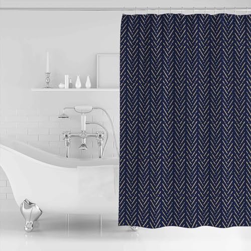 ZOE GARDEN Navy Blue Gold Striped Shower Curtain Set 1