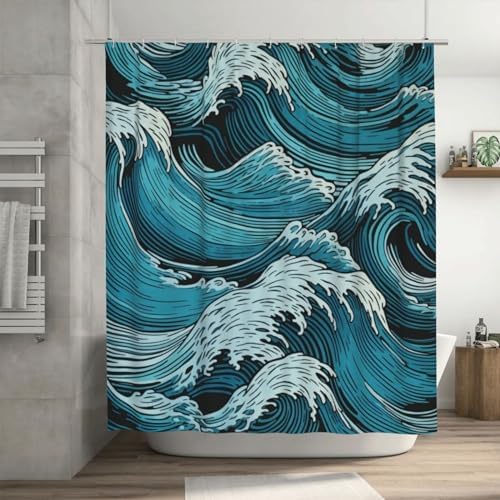 Blue Wave Shower Curtain with 12 Hooks 72x72in