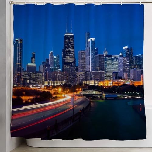 OXJOIIS Shower Curtain with 12 Hooks - Chicago City Skyline Night View Art