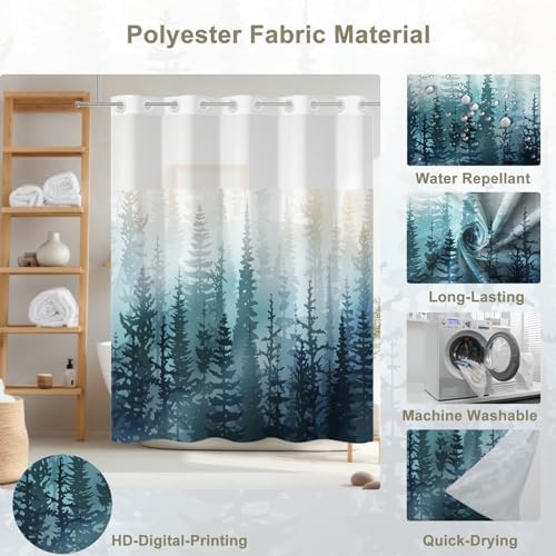 Yanutan Teal Forest No Hook Shower Curtain Set