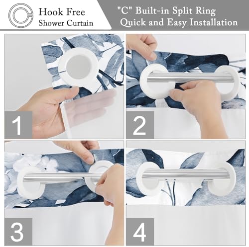 Gibelle No Hook Shower Curtain Set Navy Blue Eucalyptus Leaves