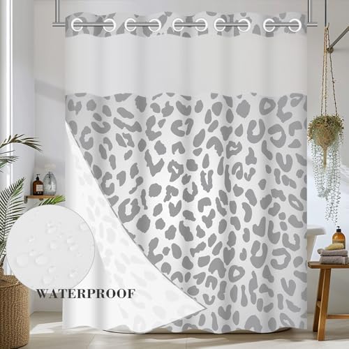 Cognitixx No Hook Shower Curtain Set Snow White and Leopard Grey Scale