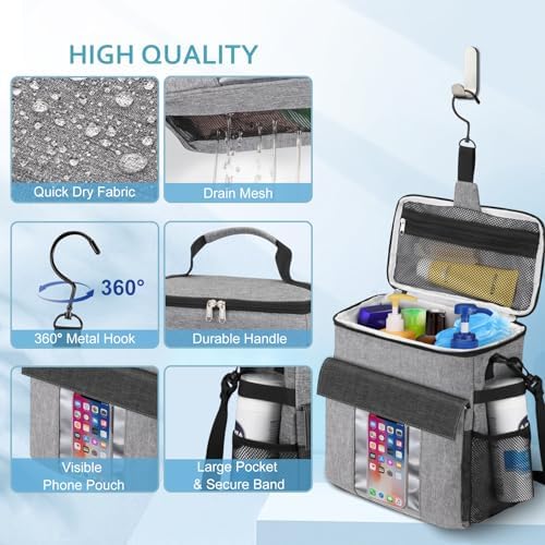 SKYREH Portable Shower Caddy Tote Bag with Shoes and Phone Compartment Gray