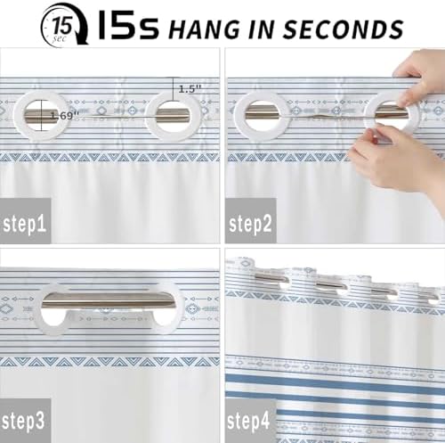 TERSUM No Hook Blue Striped Shower Curtain Set with Snap Liner 71x74 Inch