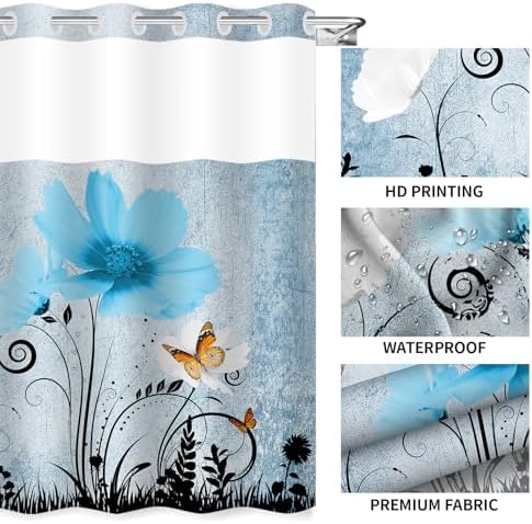 Beautiful Butterfly Shower Curtain with Aqua Floral Pattern