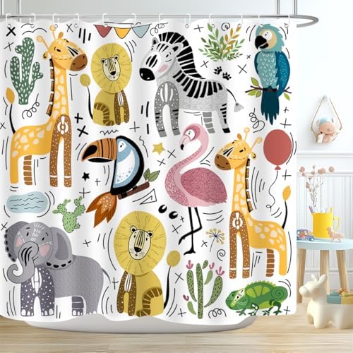 Cute Animal Shower Curtain Set with 12 Plastic Hooks