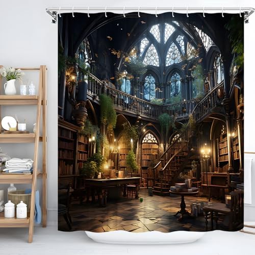 Gothic Library Shower Curtain with Hooks