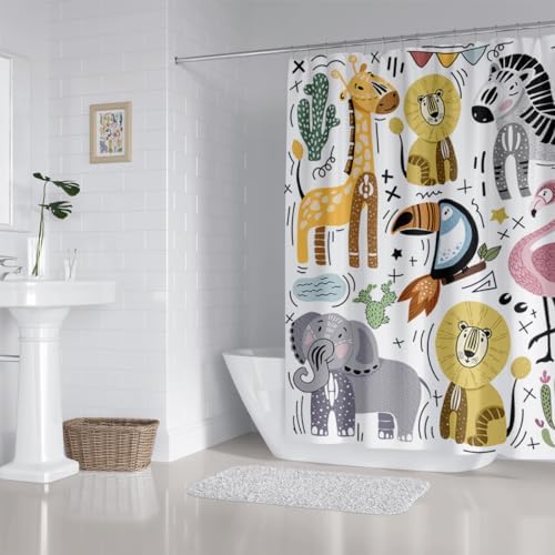 Cute Animal Shower Curtain Set with 12 Plastic Hooks