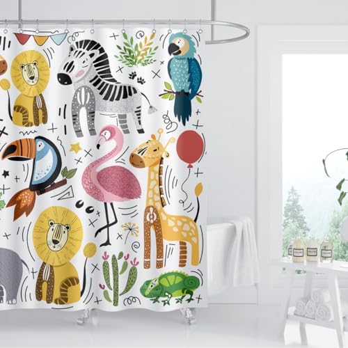 Cute Animal Shower Curtain Set with 12 Plastic Hooks