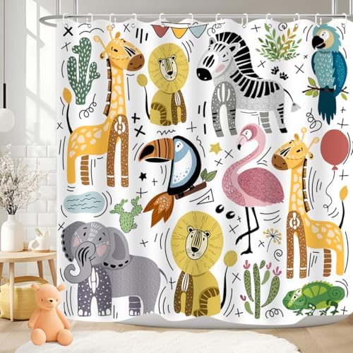 Cute Animal Shower Curtain Set with 12 Plastic Hooks