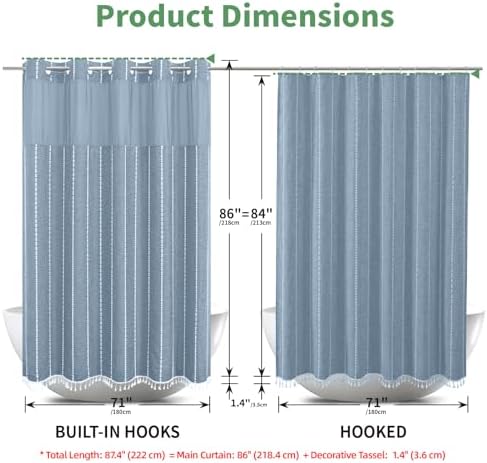 Eachope No Hook Shower Curtain Set with Tassels Blue 71x86