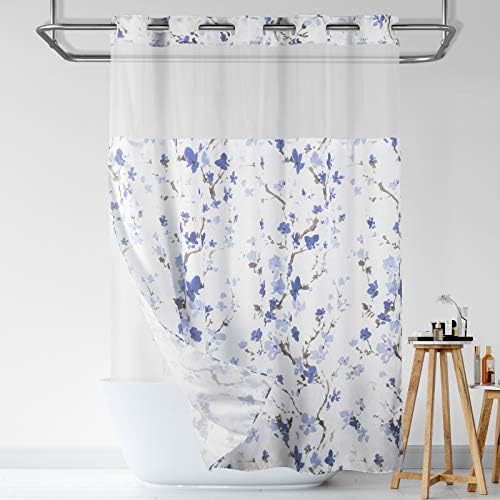 Lagute SnapHook Hook Free Shower Curtain with Liner and Mesh Window Blue Blossom
