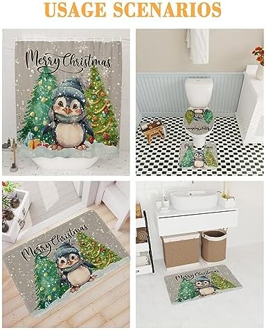 Christmas Penguin Bathroom Set with Shower Curtain and Rug