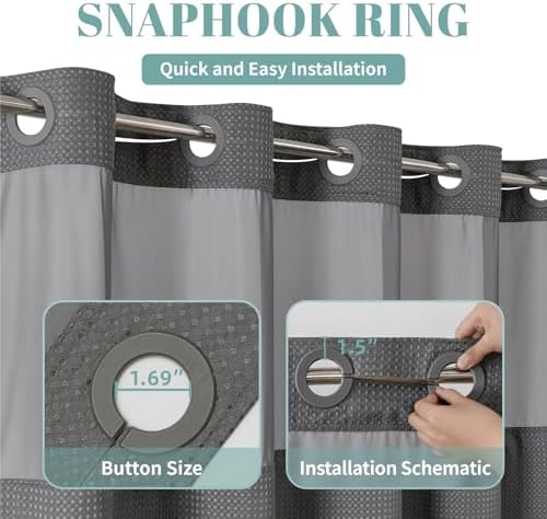 Charcoal Grey Waffle Weave Shower Curtain Set with Snap-In Liner 71x77 Inches