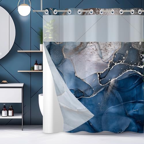 Baocicco Double Layer Blue Marble Shower Curtain Set