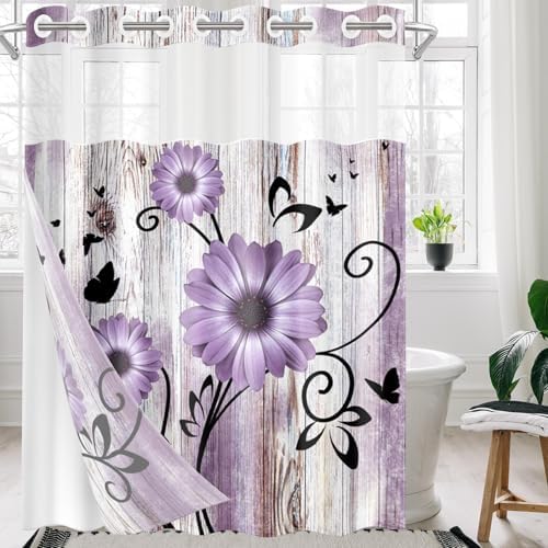 Nesphy Purple Flower Shower Curtain Set with Snap Lining 1