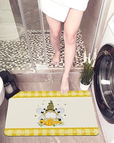 Bee Gnome Spring Floral Yellow Gingham Bath Mat 1