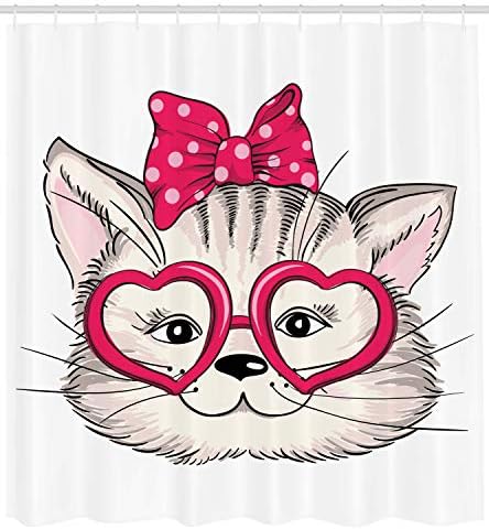 Ambesonne Cat Shower Curtain with Heart Shaped Glasses and Ribbon Teenager Design