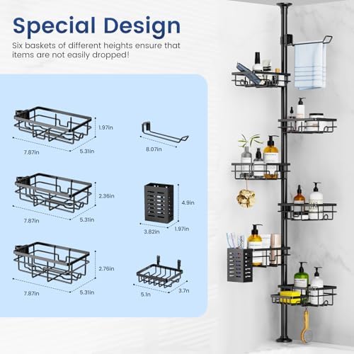 Mixoo Corner Shower Caddy - Adjustable Tension Pole with 6 Shelves