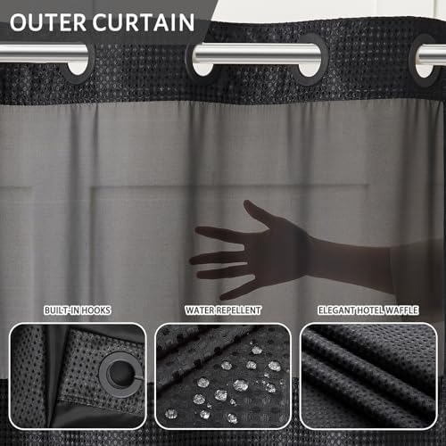 Furlinic No Hook Shower Curtain with Detachable Liner Black 71x78 Inch