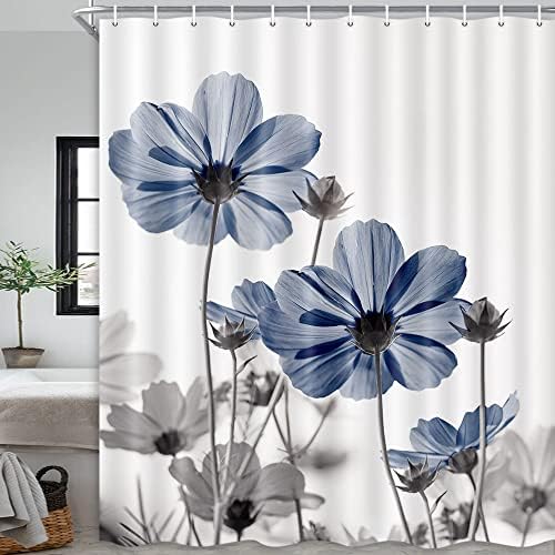 MERCHR Blue Grey Daisy Floral Shower Curtain Set 71x71 Inches