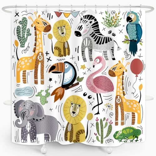 Cute Animal Shower Curtain Set with 12 Plastic Hooks