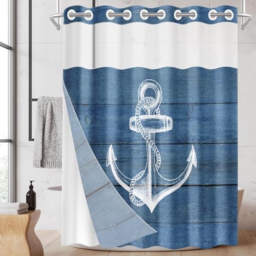 Nesphy Navy Blue No Hook Anchor Wooden Board Shower Curtain Set