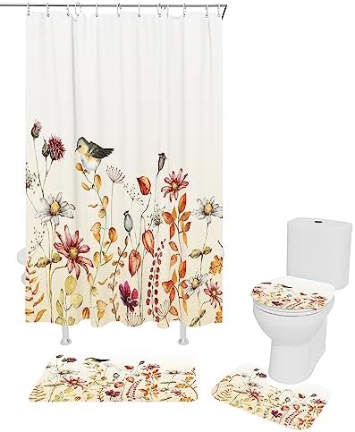 ZOE GARDEN Fall Flower Bird Bathroom Set with Curtain and Rug