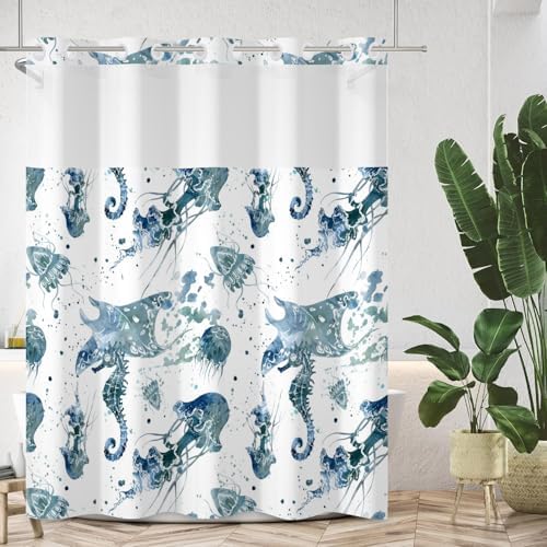 No Hook Shower Curtain with Snap Liner Set 71x74 Inch