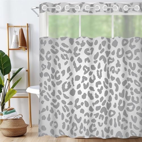 Cognitixx No Hook Shower Curtain Set Snow White and Leopard Grey Scale