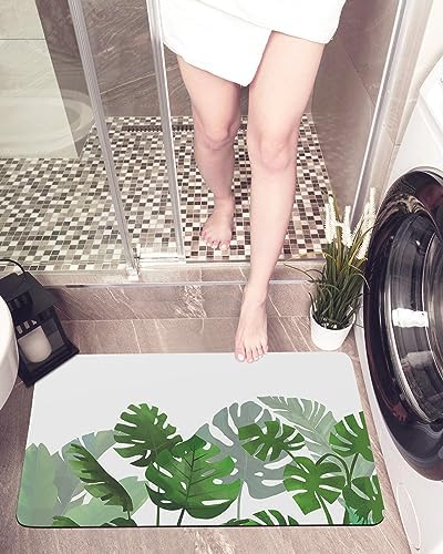 Monstera Green Bath Mat 16x24In Non-Slip Washable