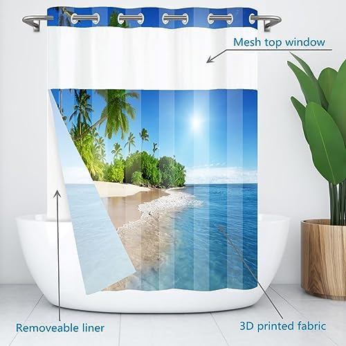 Mimihome No Hook Shower Curtain with Snap Liner Ocean Blue 71x74 Inches