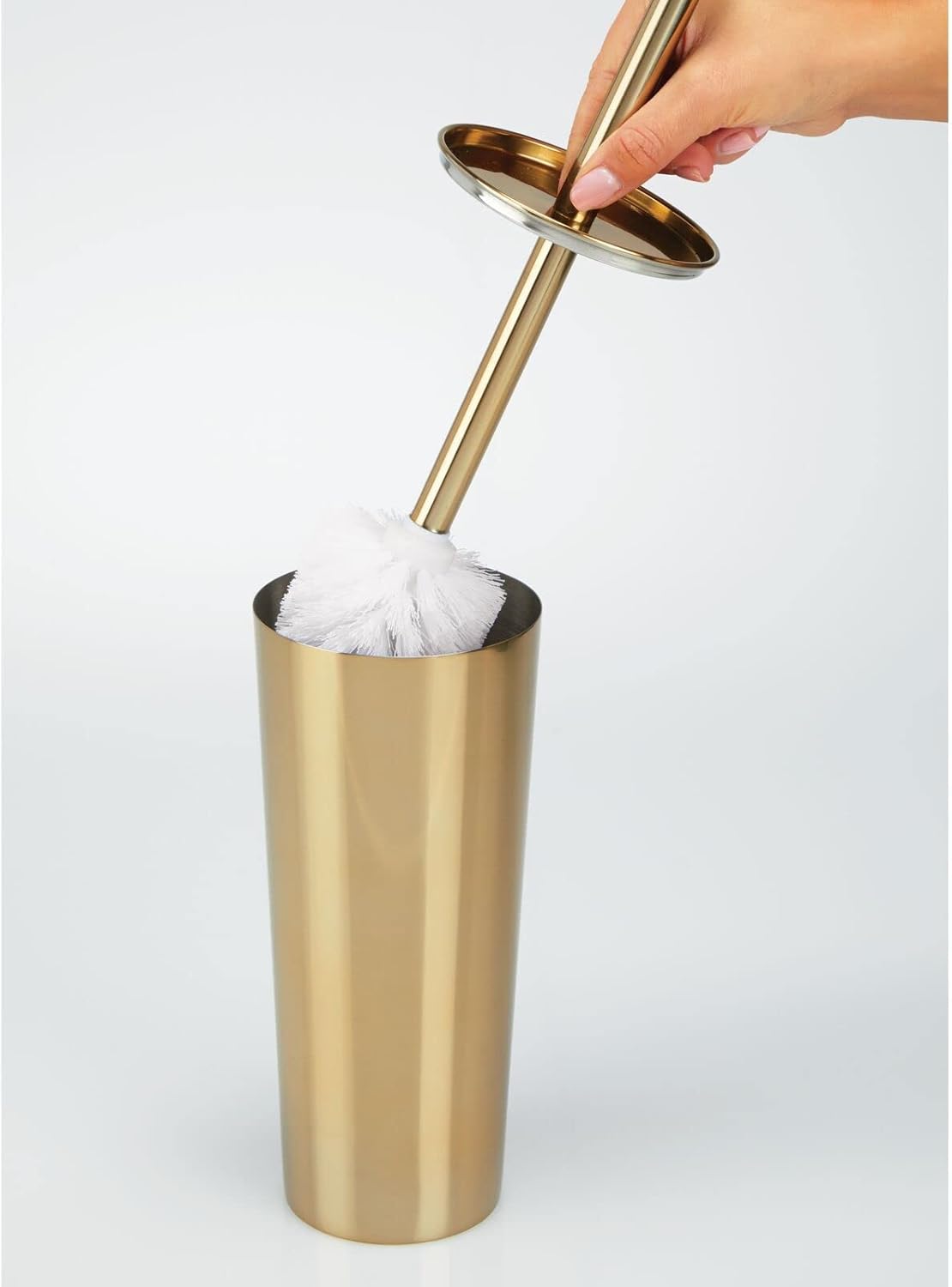 mDesign Metal Toilet Brush with Holder and Step Pedal Trash Can Set
