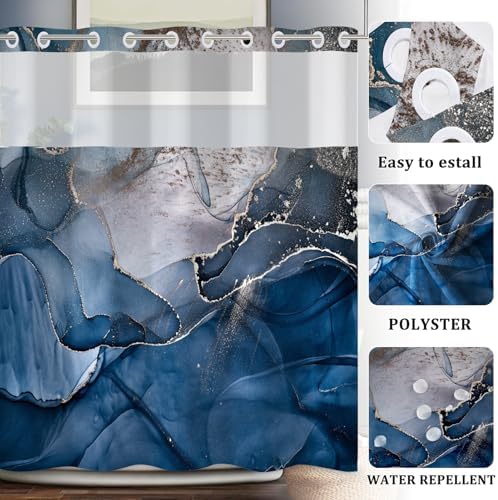 Baocicco Double Layer Blue Marble Shower Curtain Set