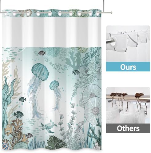 No Hook Jellyfish Shower Curtain Set with Snap-in Liner and Double Layer
