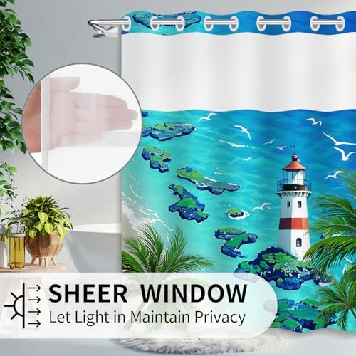 No Hook Beach Shower Curtain Set - Tropical Lighthouse Design in Summer Blue