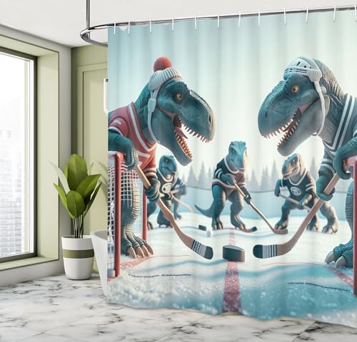 Ambesonne Dinosaur Shower Curtain with Ice Hockey Hooks