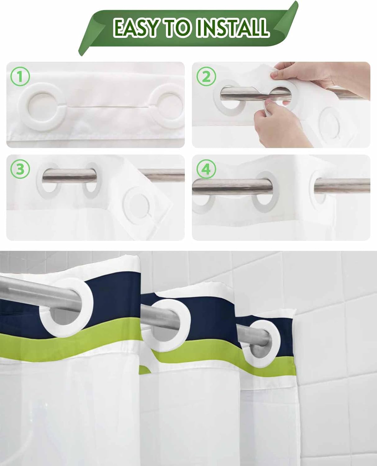 No Hooks Shower Curtain Set with Snap Liner Classic Stripes 72x72in