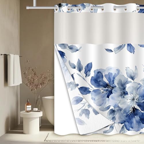 Uhexoyo Modern Abstract Navy Blue Flower Shower Curtain Set